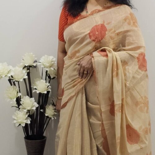 New Arrivals Beige/Cream Tissue Linen Silk Saree