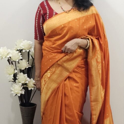 New Arrivals Mustard-Orange Banarasi Soft Silk Saree
