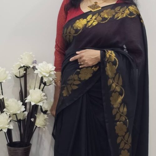 New Arrivals Black Hand-Block Printed Mulmul Cotton Saree
