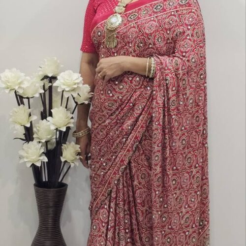 New Arrivals red ajrakh and bandhani fusion saree