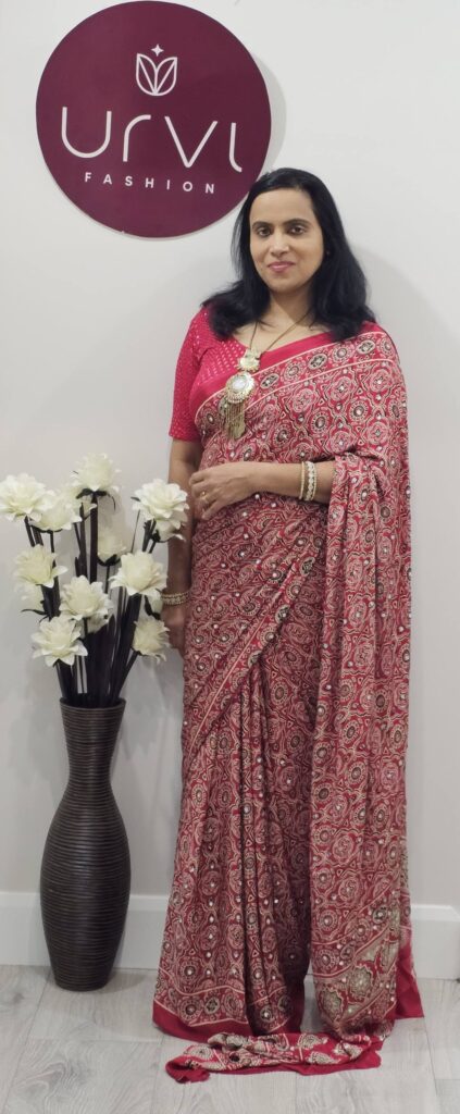 red ajrakh and bandhani fusion saree