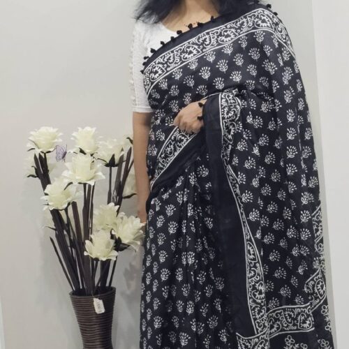 New Arrivals Black Jaipuri Cotton Mulmul Saree
