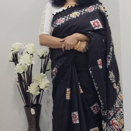 Home Black Cotton Mulmul Saree